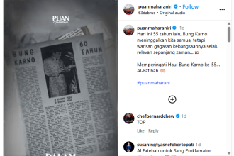Ketua DPR RI Puan Maharani dalam akun instagramnya menegaskan bahwa gagasan Bung Karno masih relevan sepanjang zaman