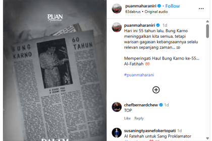 Ketua DPR RI Puan Maharani dalam akun instagramnya menegaskan bahwa gagasan Bung Karno masih relevan sepanjang zaman