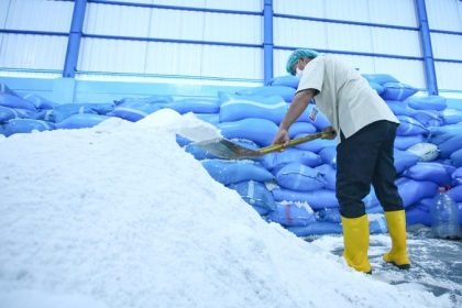 Petugas sedang meninjau garam produksi BUMD Pemprob Jateng di Pati. (humas pemprov jateng)