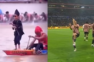 Kolase foto bocah pemandu Pacu Jalur dan pemain PSG menirukan aura farming Pacu Jalur di TikTok.