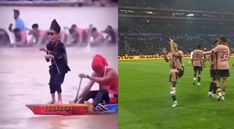 Kolase foto bocah pemandu Pacu Jalur dan pemain PSG menirukan aura farming Pacu Jalur di TikTok.