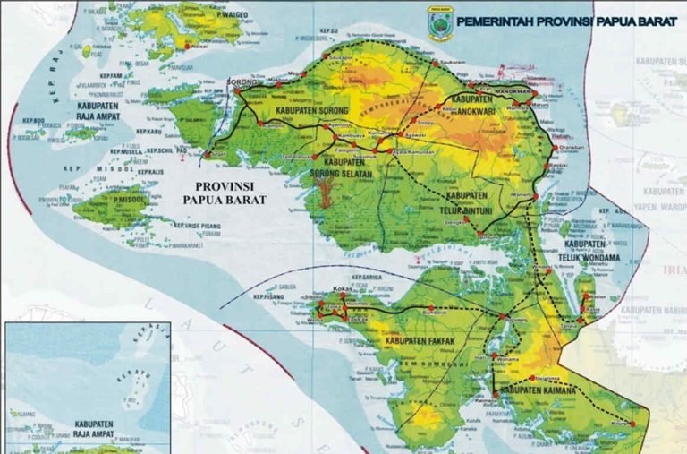 Gambar ilustrasi Peta Provinsi Papua Barat Daya. Sebanyak 44 desa di Provinsi Papua Barat Daya belum teraliri listrik. Selain itu, puluhan lainnya belum masuk dalam jaringan telekomunikasi atau blank spot. Foto: wikipedia