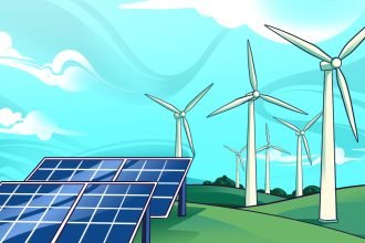 Ilustrasi energi baru terbarukan (ebt) pembangkit listrik tenaga angin dan pembangkit listrik tenaga surya (PLTS). (narakita/grafis/tera)