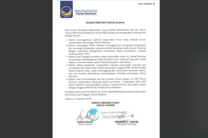 Surat Keputusan Nasdem menonaktifkan Sahroni dan Nafa Urbach dari DPR RI.