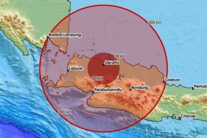Titik lokasi pusat gempa magnitudo 4,9 di Karawang Bekasi, Jawa Barat, Rabu (20/8/2025) yang terasa hingga Jakarta.