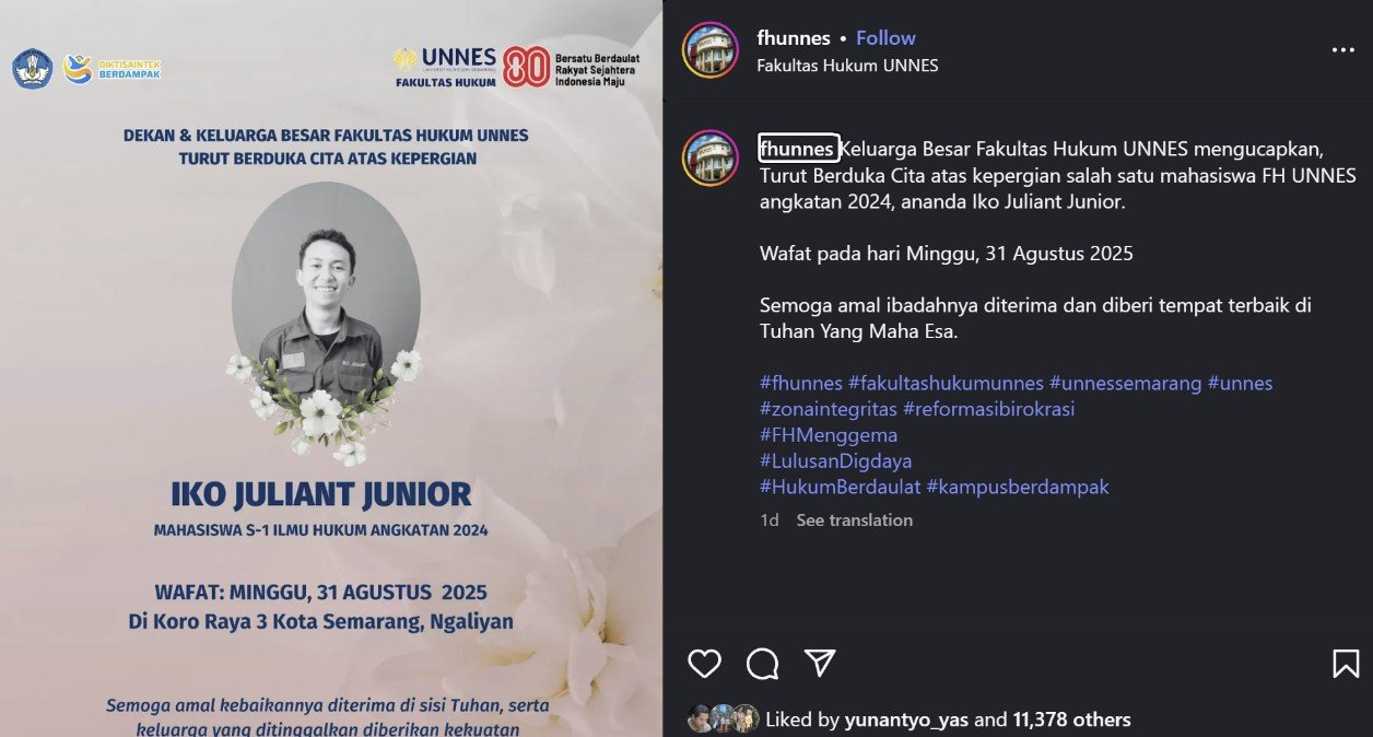 Iko Juliant Junior, mahasiswa FH Unnes, meninggal dalam kondisi tak wajar.