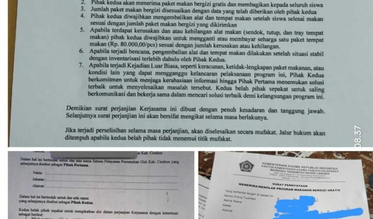 Surat perjanjian program Makan Bergizi Gratis (MBG) yang berisi klausul “tanggung risiko sendiri” bikin geger netizen. Dari risiko keracunan hingga denda Rp80 ribu untuk wadah makan hilang, semuanya dibebankan ke orang tua. Foto: dok