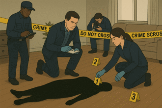 Ilustrasi polisi sedang melakukan olah Tempat Kejadian Perkara (TKP.) (grafis/wayu)