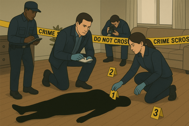 Ilustrasi polisi sedang melakukan olah Tempat Kejadian Perkara (TKP.) (grafis/wayu)