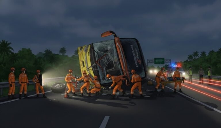 Ilustrasi petugas mengekuasi korban kecelakaan bus. (grafis/wahyu)