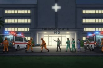 Ilustrasi petugas mengevakuasi korban kecelakaan ke rumah sakit. (grafis/wahyu)