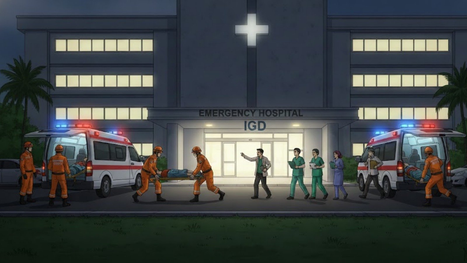 Ilustrasi petugas mengevakuasi korban kecelakaan ke rumah sakit. (grafis/wahyu)