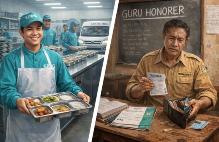 Ilustrasi perbandingan karyawan SPPG dan guru honorer.