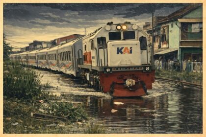 Ilustrasi rel kereta api terendam banjir. (grafis/wahyu).