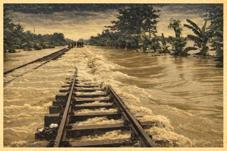 Ilustrasi perjalanan kereta api terganggung karena rel terendam banjir. (grafis/wahyu).