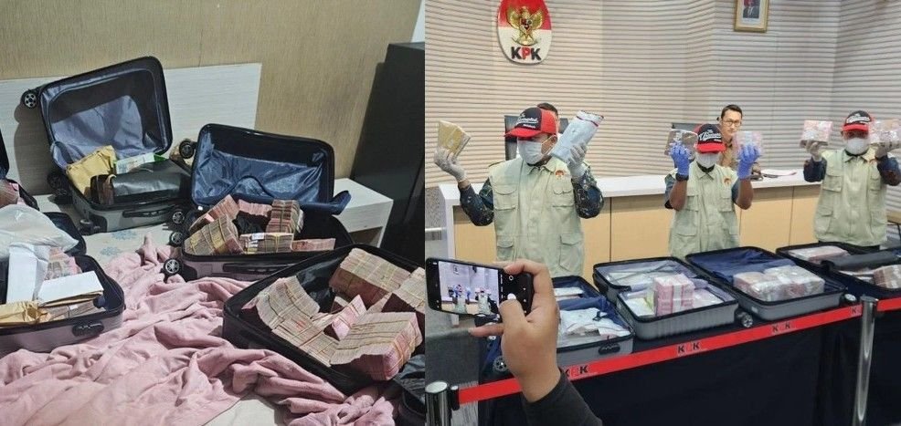 Petugas KPK memamerkan 5 koper uang yang disita dari 'safe house' Bea Cukai di Jakarta Pusat.