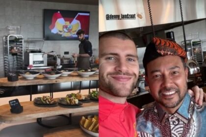 Kolase foto menu masakan Indonesia di kantin Ajax Amsterdam dan kebersamaan Marteen Paes-Denny Landzaat.