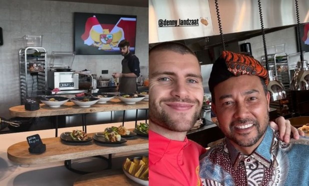 Kolase foto menu masakan Indonesia di kantin Ajax Amsterdam dan kebersamaan Marteen Paes-Denny Landzaat.