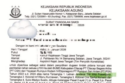 Salinan surat pemanggilan saksi, berkop Kejaksaan Agung. Dalam surat itu, eks-Pangdam IV/Diponegoro Letjen Widi Prasetijono disebut sebagai tersangka kasus korupsi BUMD Cilacap.