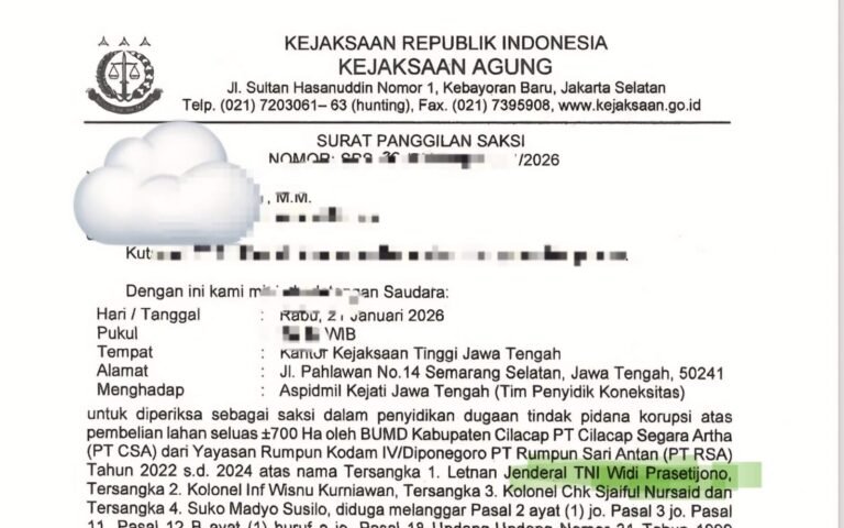 Salinan surat pemanggilan saksi, berkop Kejaksaan Agung. Dalam surat itu, eks-Pangdam IV/Diponegoro Letjen Widi Prasetijono disebut sebagai tersangka kasus korupsi BUMD Cilacap.