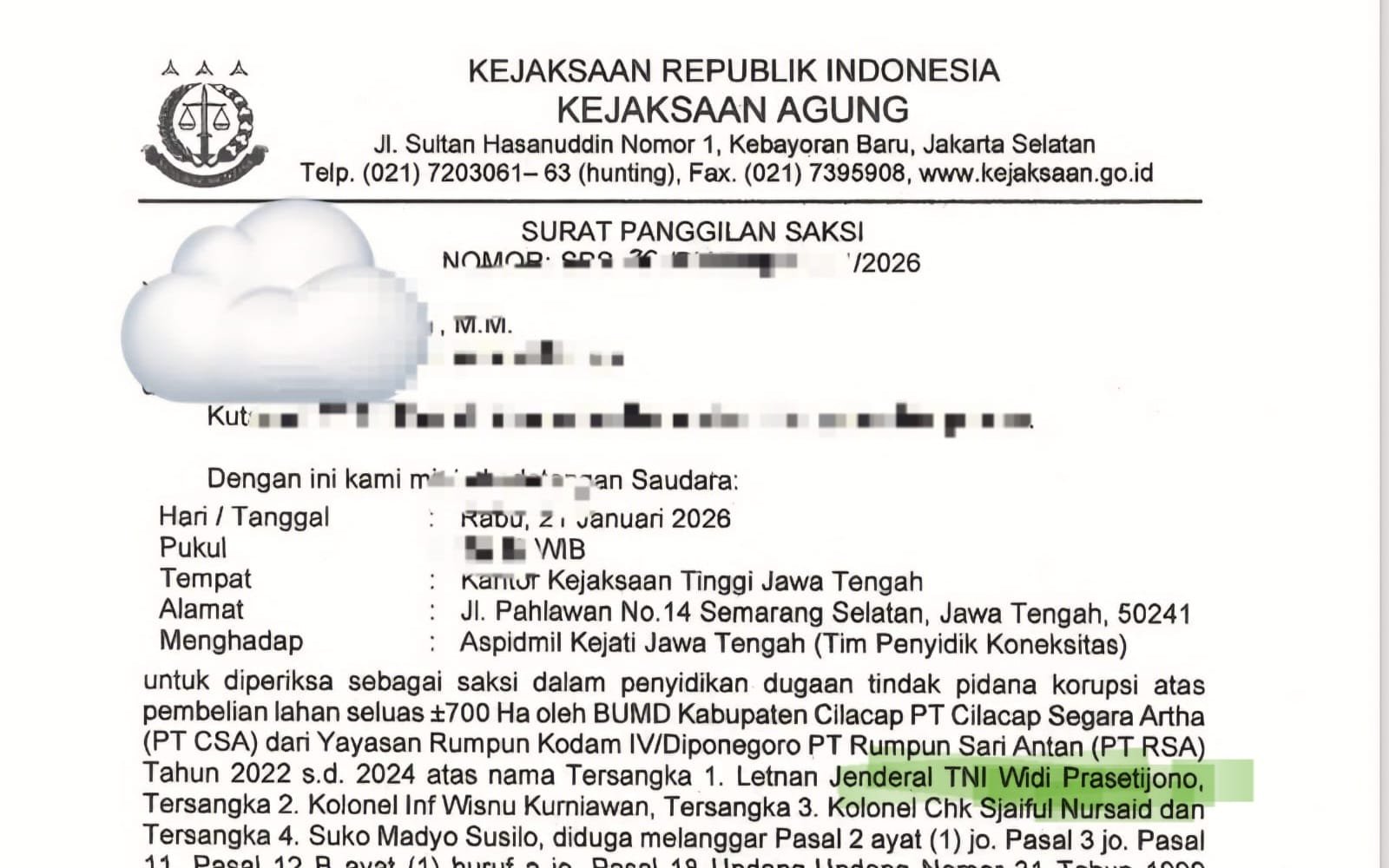 Salinan surat pemanggilan saksi, berkop Kejaksaan Agung. Dalam surat itu, eks-Pangdam IV/Diponegoro Letjen Widi Prasetijono disebut sebagai tersangka kasus korupsi BUMD Cilacap.