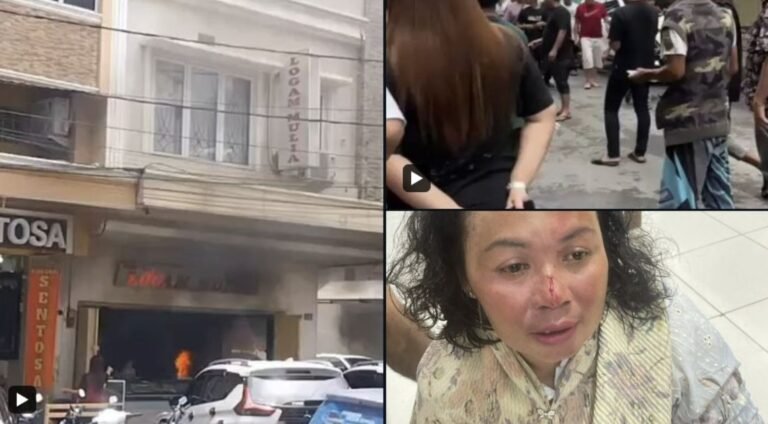 Kolase foto toko emas yang terbakar dan pelaku yang telah ditangkap.