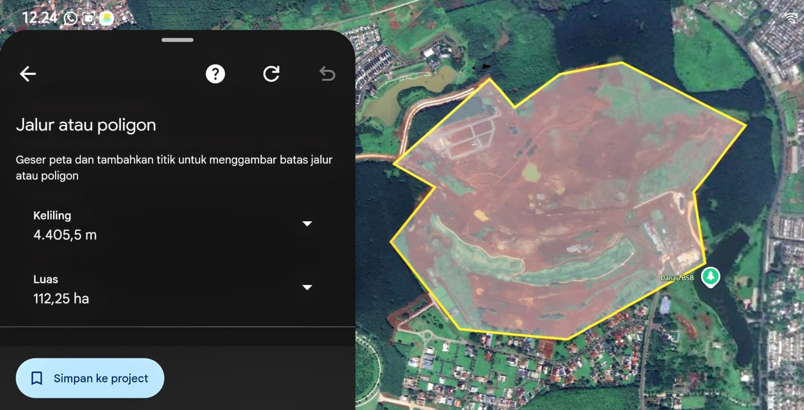 Fisualisasi pengukuran luas area alih fungsi lahan di dekat Danau BSB City. (Google Earth)