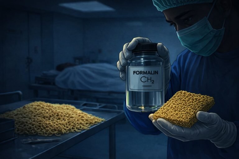 Ilustrasi mi yang dicampur bahan pengawet mayat jenis formalin. (grafis/wahyu)