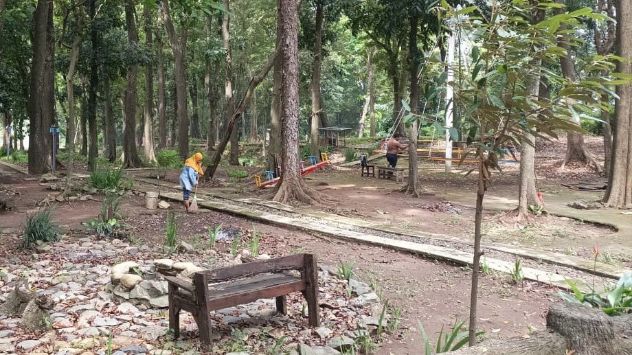 Pekerja sedang membersihkan area hutan di Silayur Park, Semarang.