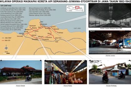 Peta jalur rel Semarang-Rembang dan kolase foto kondisi stasiun yang berubah fungsi. (ist)