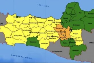 PETA PERINGATAN DINI BENCANA - Tiga daerah di Jateng dikategorikan warna oranye yang berarti status siaga cuaca ekstrem hingga akhir Mei 2026. (ist)