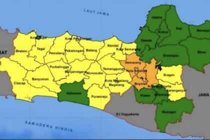 PETA PERINGATAN DINI BENCANA - Tiga daerah di Jateng dikategorikan warna oranye yang berarti status siaga cuaca ekstrem hingga akhir Mei 2026. (ist)