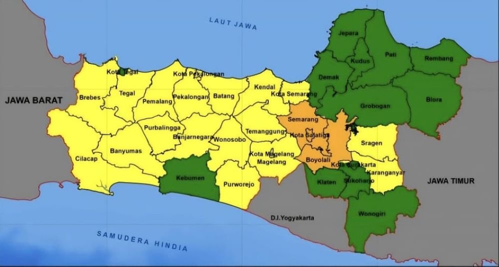 PETA PERINGATAN DINI BENCANA - Tiga daerah di Jateng dikategorikan warna oranye yang berarti status siaga cuaca ekstrem hingga akhir Mei 2026. (ist)