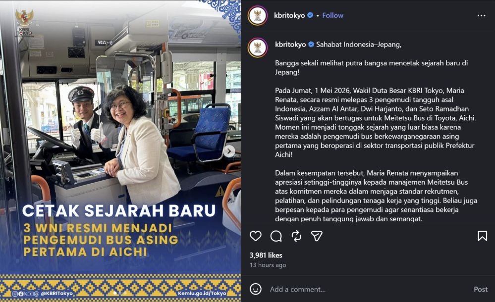 APRESIASI DARI KBRI - Wakil Duta Besar KBRI Tokyo, Maria Renata, pada Jumat (1/5/2026) secara resmi melepas 3 pengemudi tangguh asal Indonesia lulusan JIDS: Azzam Al Antar, Dwi Harjanto, dan Seto Ramadhan Siswadi, yang akan bertugas untuk Meitetsu Bus di Toyota, Aichi. Ketiganya masuk jajaran sopir asing pertama yang bekerja di sektor transportasi publik di Aichi.