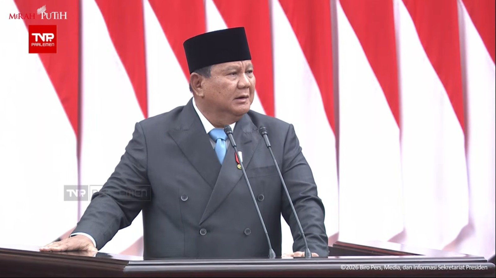 PIDATO - Presiden Prabowo Subianto berpidato tentang kerangka ekonomi makro Indonesia di sidang paripurna DPR RI, Rabu (20/5/2026).