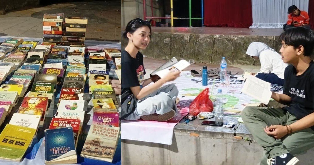BACA BUKU GRATIS - Dari mahasiswa, ojol, hingga karyawan swasta menjadikan Lapak Baca Gratis di Taman Ngaliyan, Semarang, sebagai tongkrongan 'penuh gizi'. Di Taman Baca Gratis, pengunjung bisa menikmati ragam bacaan, mulai dari buku-buku filsata, novel, hingga komik. (dul)