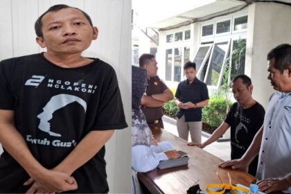 KIAI CABUL--Tampang Achmad Fauzi alias Abah Khan, pengasuh ponpes di Kota Semarang yang cabuli santriwatinya, mengenakan kaus 'Ngopeni Nglakoni' saat digelandang ke kantor Kejari Kota Semarang, Rabu (24/6/2026). (ist)