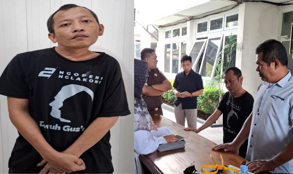KIAI CABUL--Tampang Achmad Fauzi alias Abah Khan, pengasuh ponpes di Kota Semarang yang cabuli santriwatinya, mengenakan kaus 'Ngopeni Nglakoni' saat digelandang ke kantor Kejari Kota Semarang, Rabu (24/6/2026). (ist)