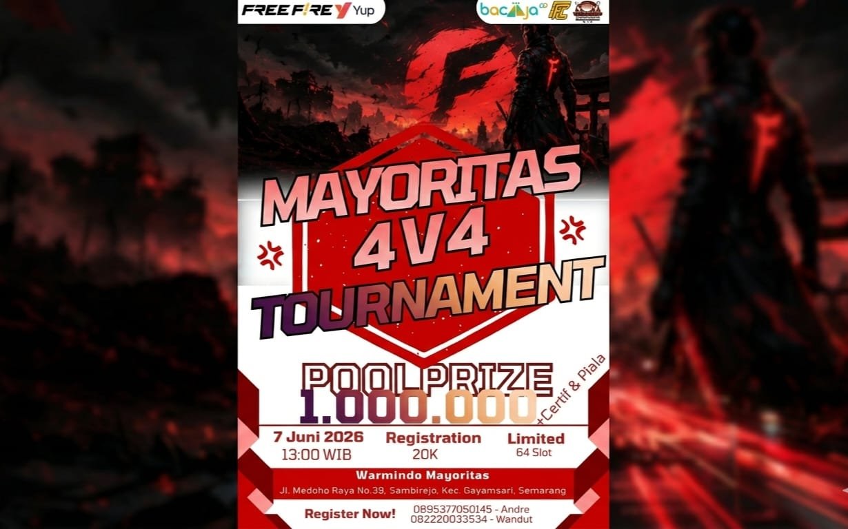 CARI JUARA BARU - Komunitas e-sport RIKAS kembali menggelar turnamen Free Fire Clash Squad 4v4 di Warmindo Mayoritas, Semarang, untuk mencari juara baru.