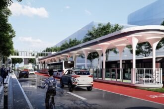 ILUSTRASI--Halte modern di tengah jalan dan Jalur khusus warna merah untuk Trans Semarang. (ist)