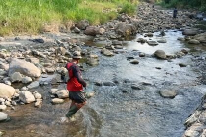 MULAI MENGERING - Warga mencari ikan di aliran Sungai Jabungan, Kota Semarang, yang mulai mengering, Minggu (28/6/2026). (dul)