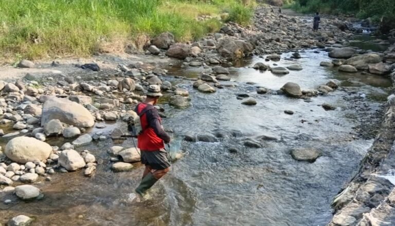 MULAI MENGERING - Warga mencari ikan di aliran Sungai Jabungan, Kota Semarang, yang mulai mengering, Minggu (28/6/2026). (dul)