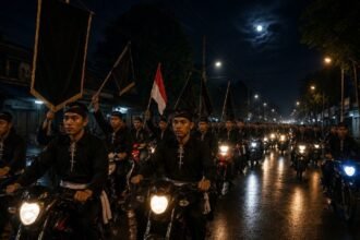 Ilustrasi pesilat menggelar konvoi dengan mengendarai sepeda motor.
