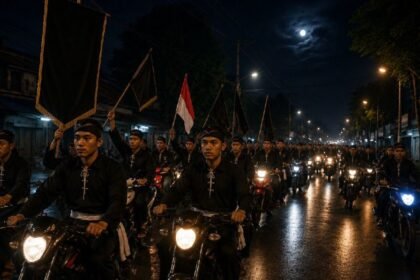 Ilustrasi pesilat menggelar konvoi dengan mengendarai sepeda motor.