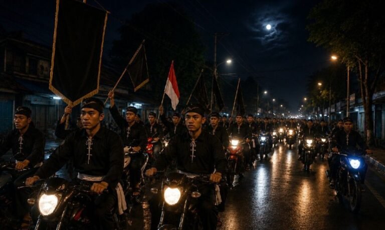 Ilustrasi pesilat menggelar konvoi dengan mengendarai sepeda motor.