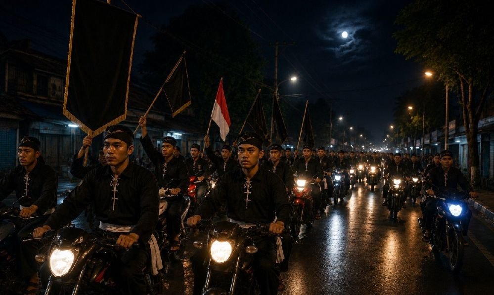 Ilustrasi pesilat menggelar konvoi dengan mengendarai sepeda motor.