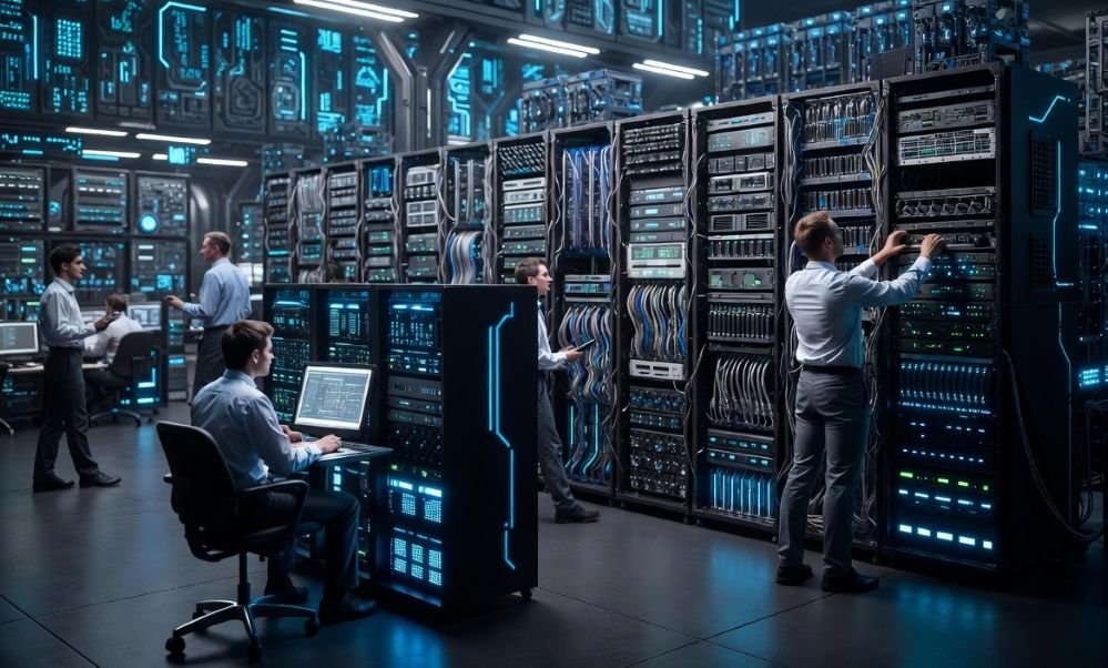 DATA CENTER - Ilustrasi pusat data atau data center untuk akal imitasi atau artificial intelligence (AI).