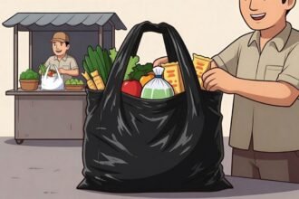 KANTONG PLASTIK - Ilustrasi pedagang memasukkan barang yang dibeli pelanggan ke dalam kantong plastik.