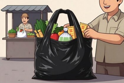 KANTONG PLASTIK - Ilustrasi pedagang memasukkan barang yang dibeli pelanggan ke dalam kantong plastik.