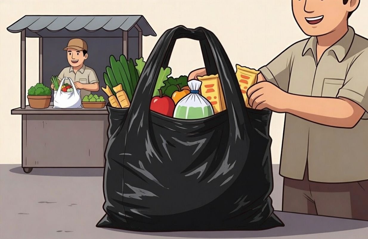 KANTONG PLASTIK - Ilustrasi pedagang memasukkan barang yang dibeli pelanggan ke dalam kantong plastik.